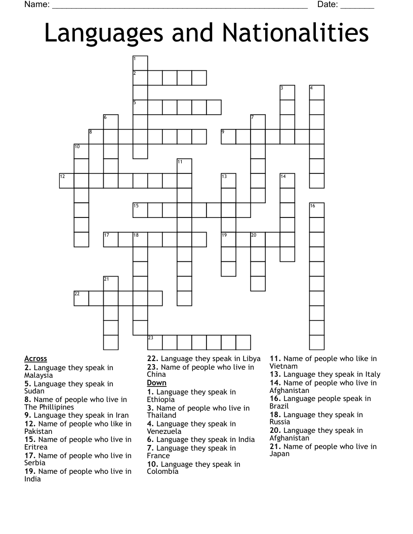 Languages and Nationalities Crossword