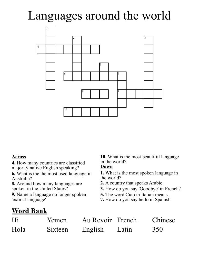 Languages around the world Crossword