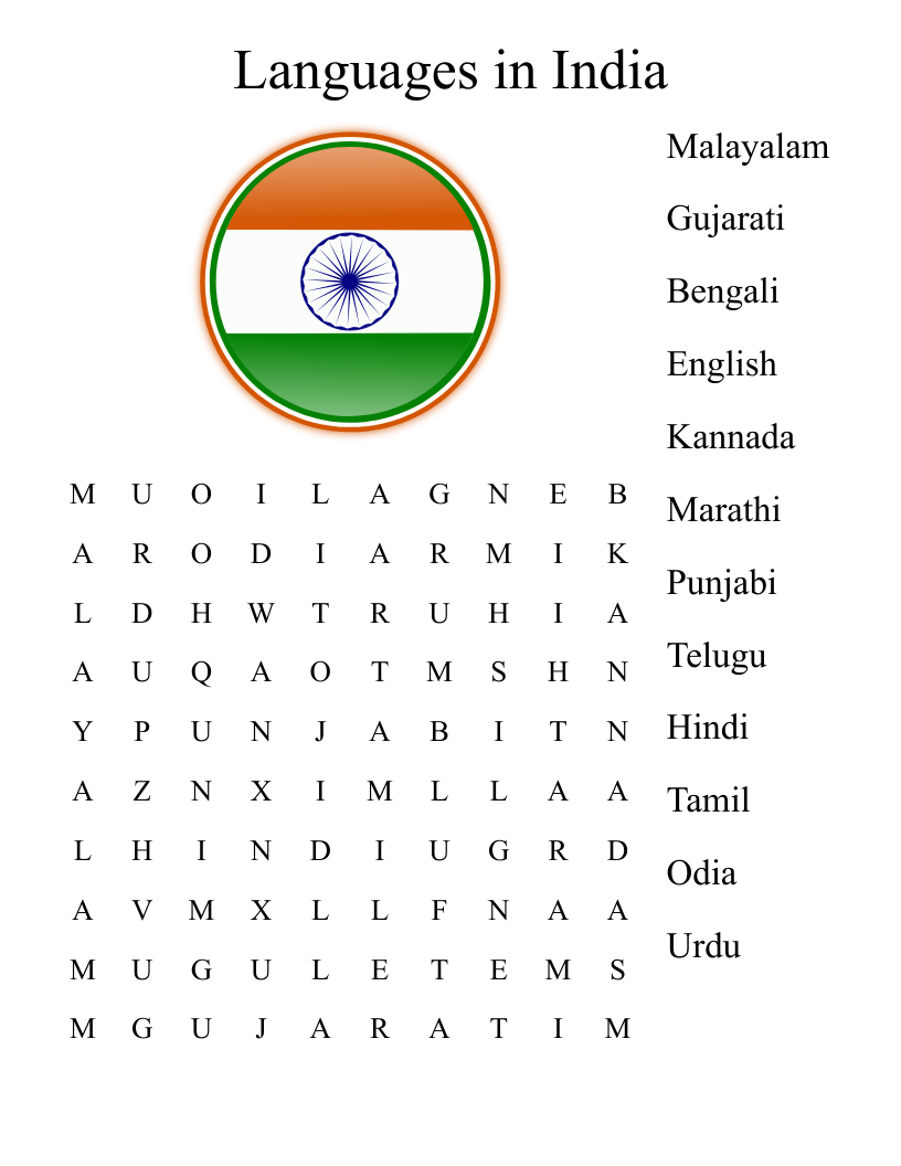 Languages in India Word Search