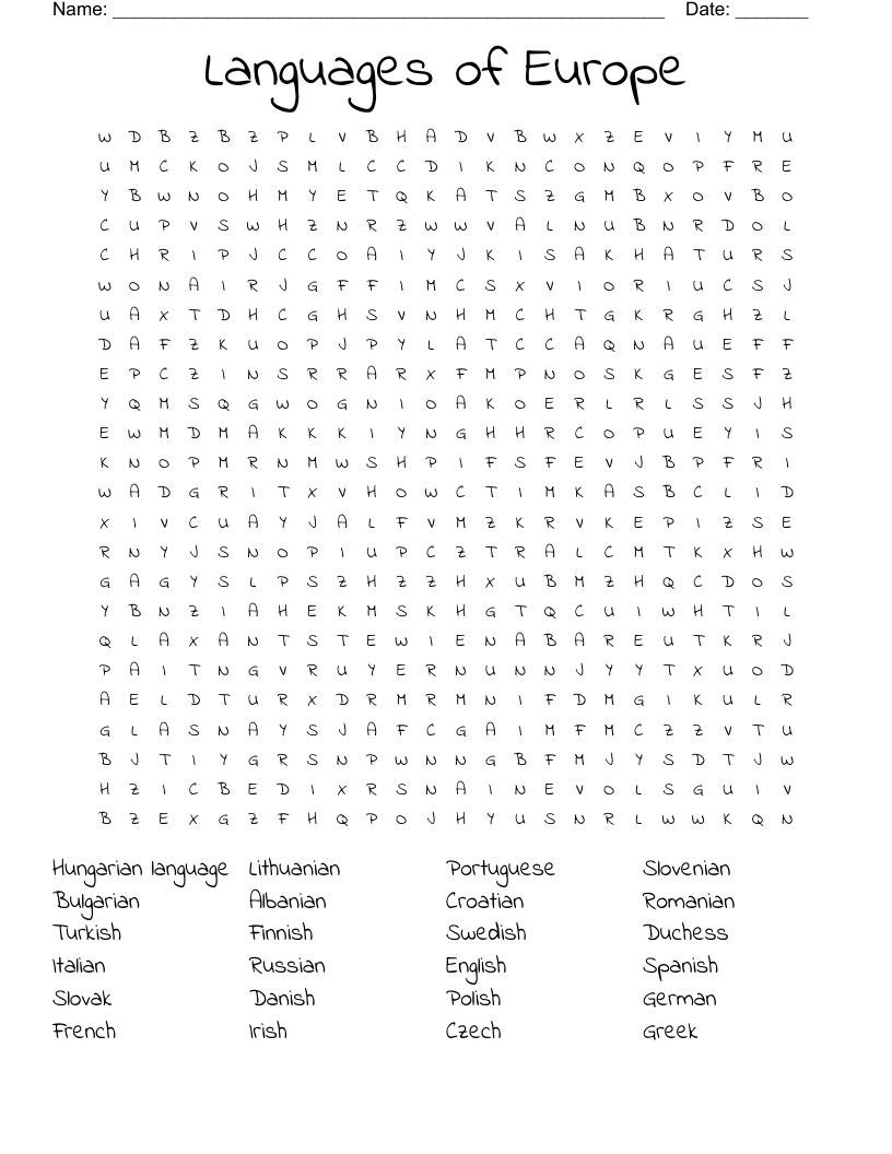 Languages of Europe  Word Search