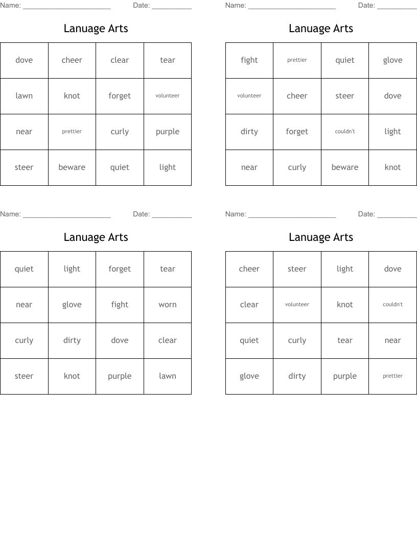Lanuage Arts Bingo Cards