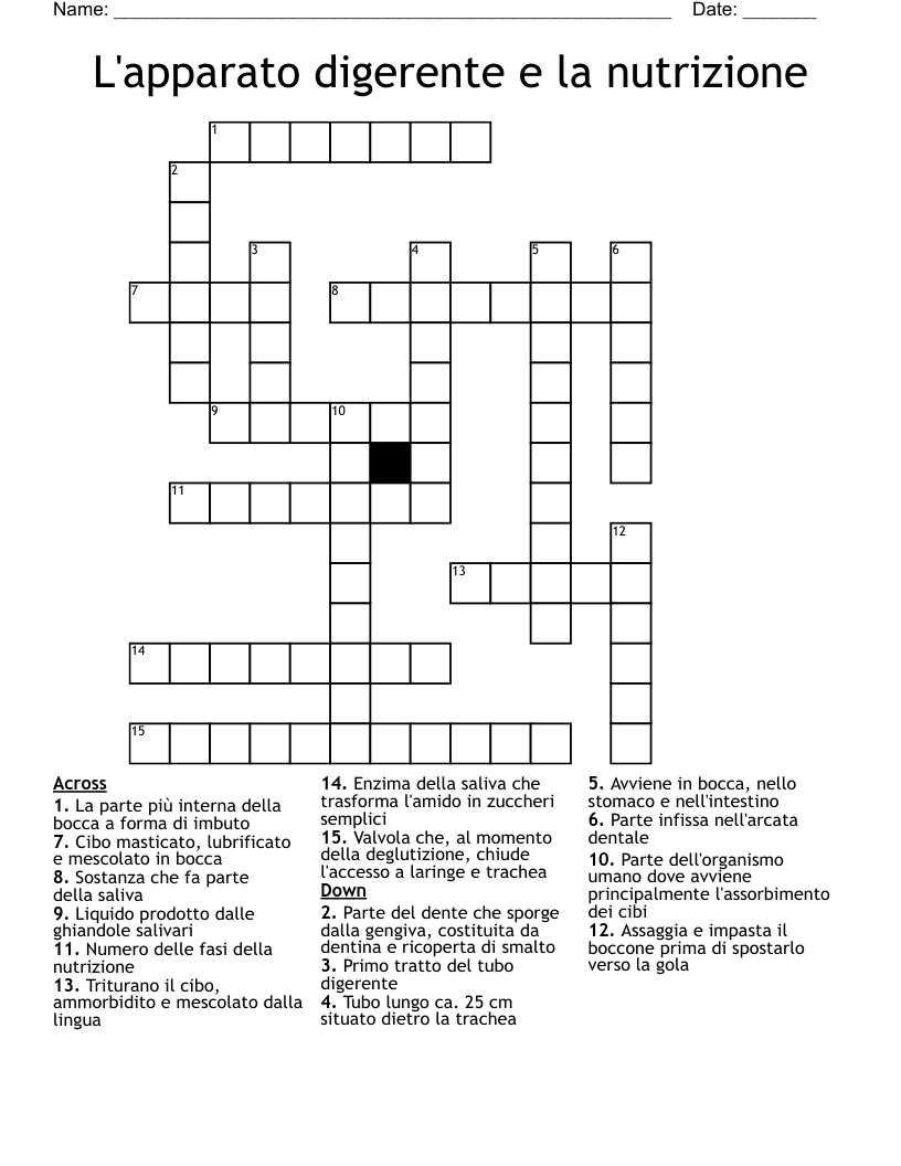 L'apparato digerente e la nutrizione Crossword