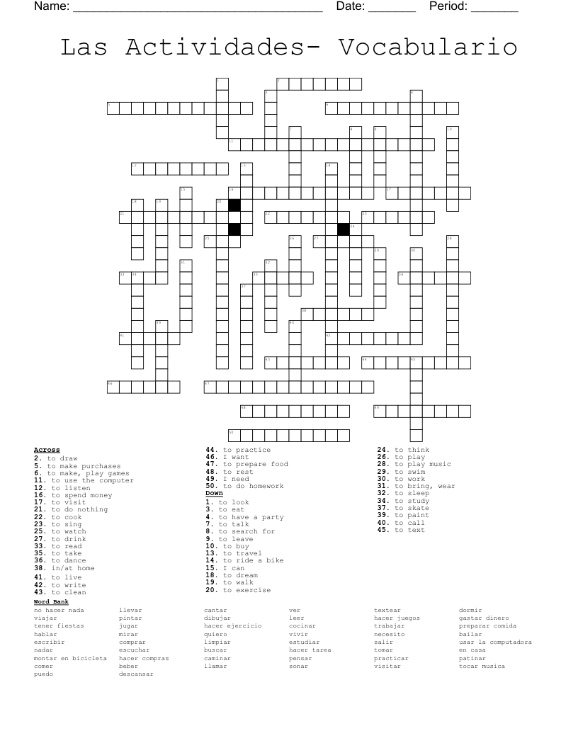 Las Actividades- Vocabulario Crossword