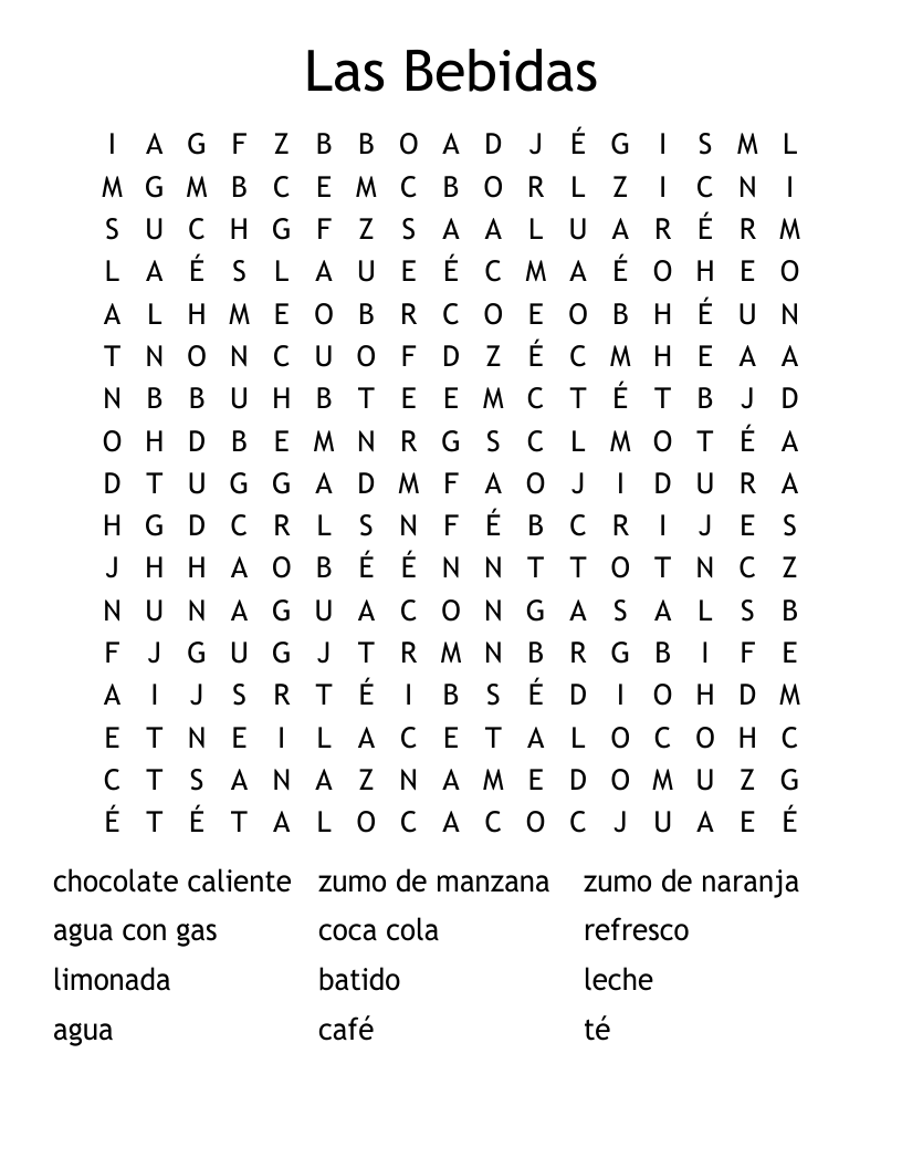 Las Bebidas Word Search