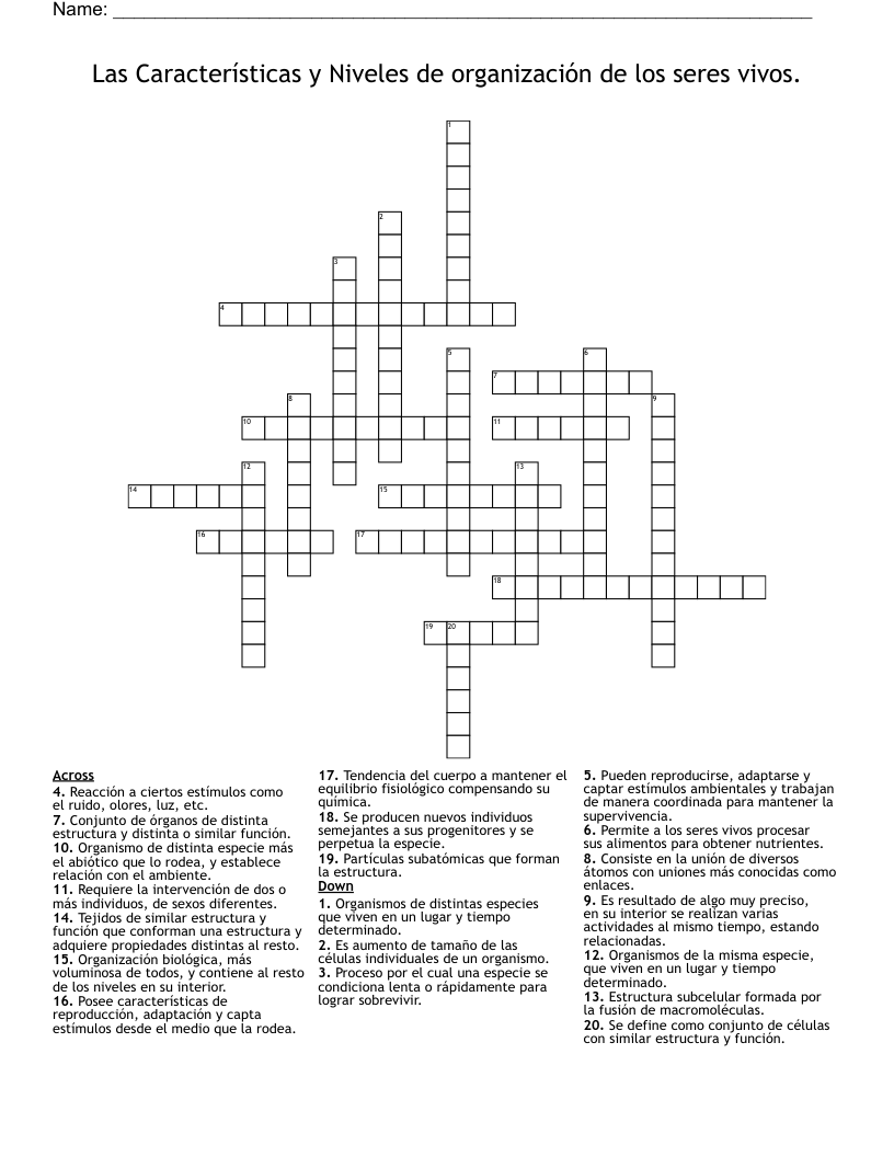 Las Características y Niveles de organización de los seres vivos. Crossword