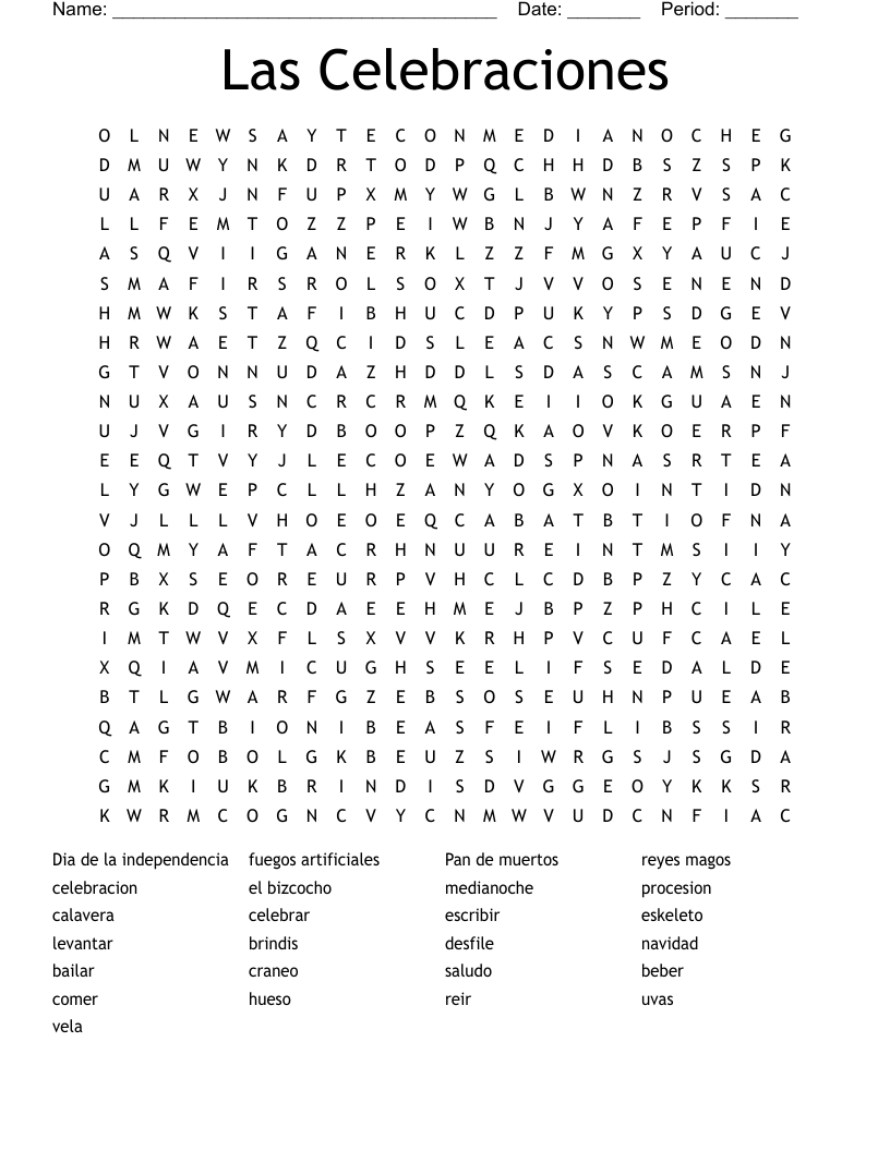 Las Celebraciones Word Search