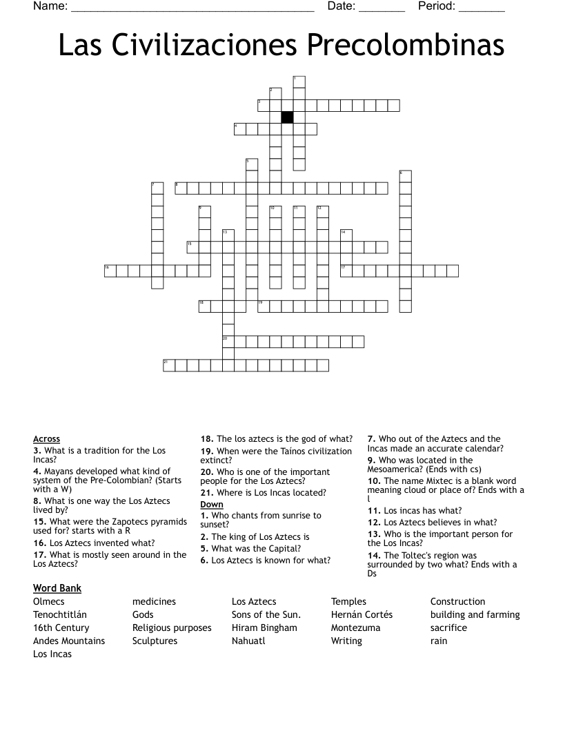 Las Civilizaciones Precolombinas Crossword