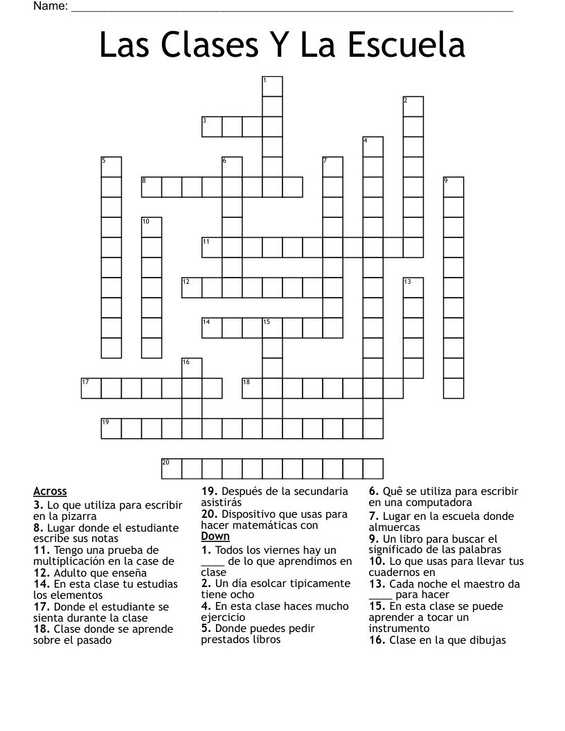 Las Clases Y La Escuela Crossword