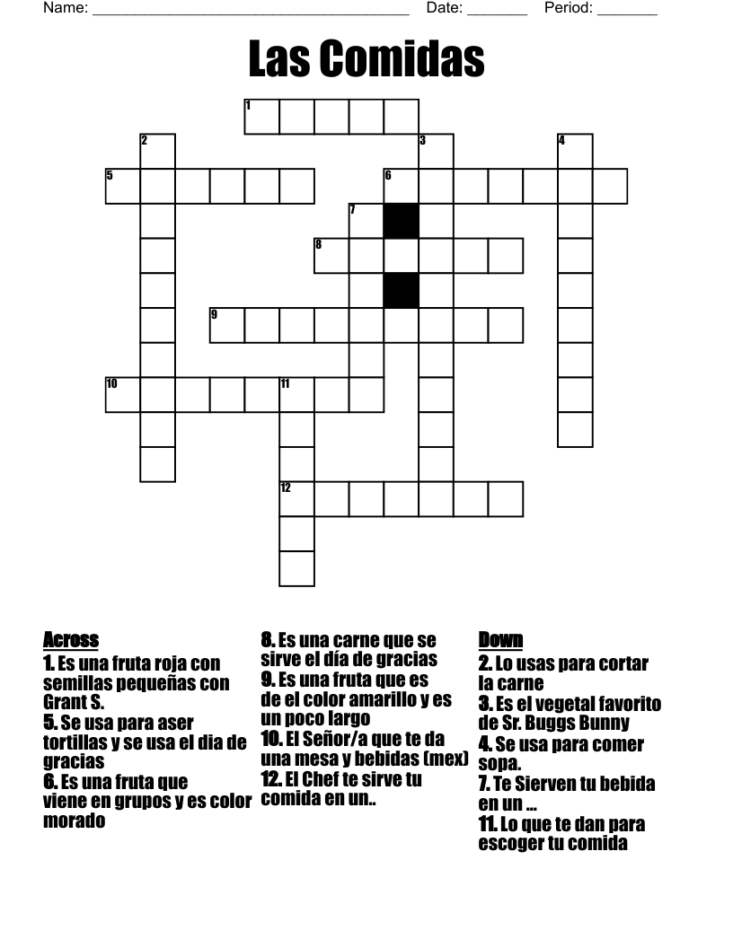 Las Comidas Crossword