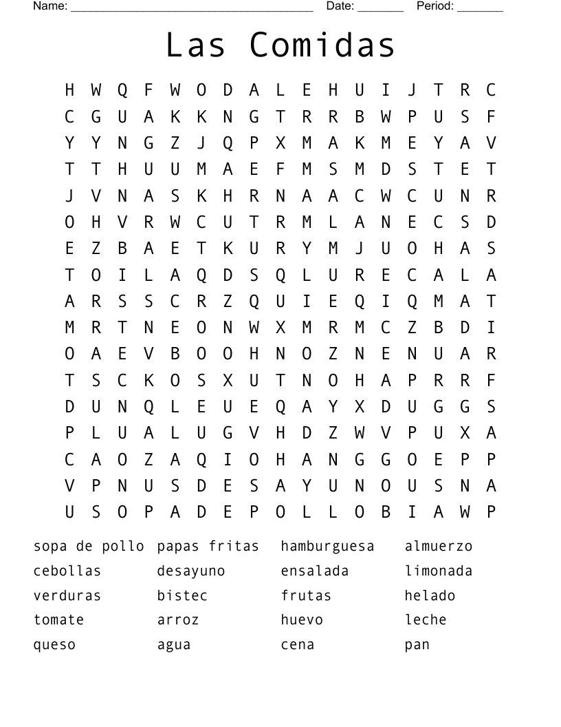 Las Comidas Word Search