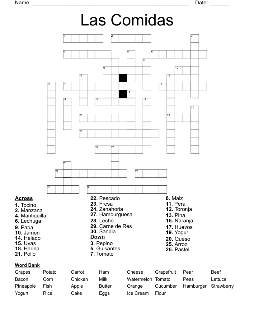 Las Comidas  Crossword