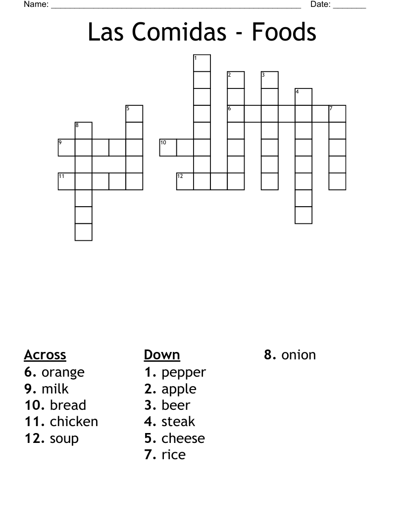 Las Comidas - Foods Crossword