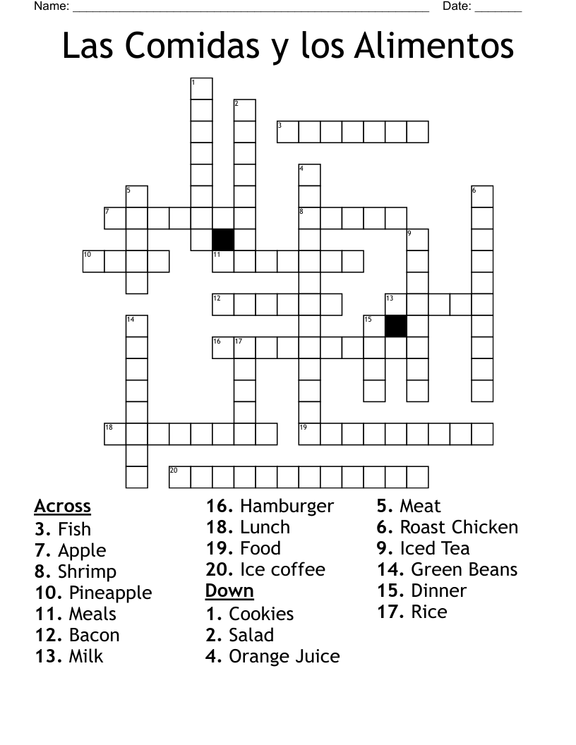 Las Comidas y los Alimentos Crossword