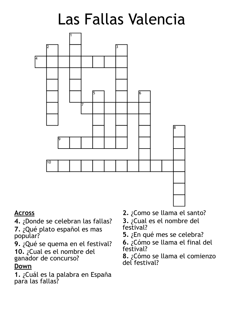 Las Fallas Valencia Crossword
