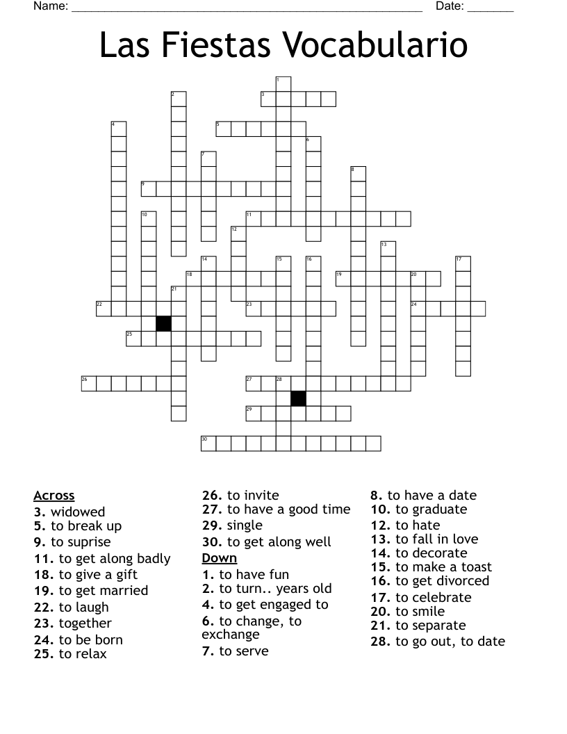 Las Fiestas Vocabulario Crossword