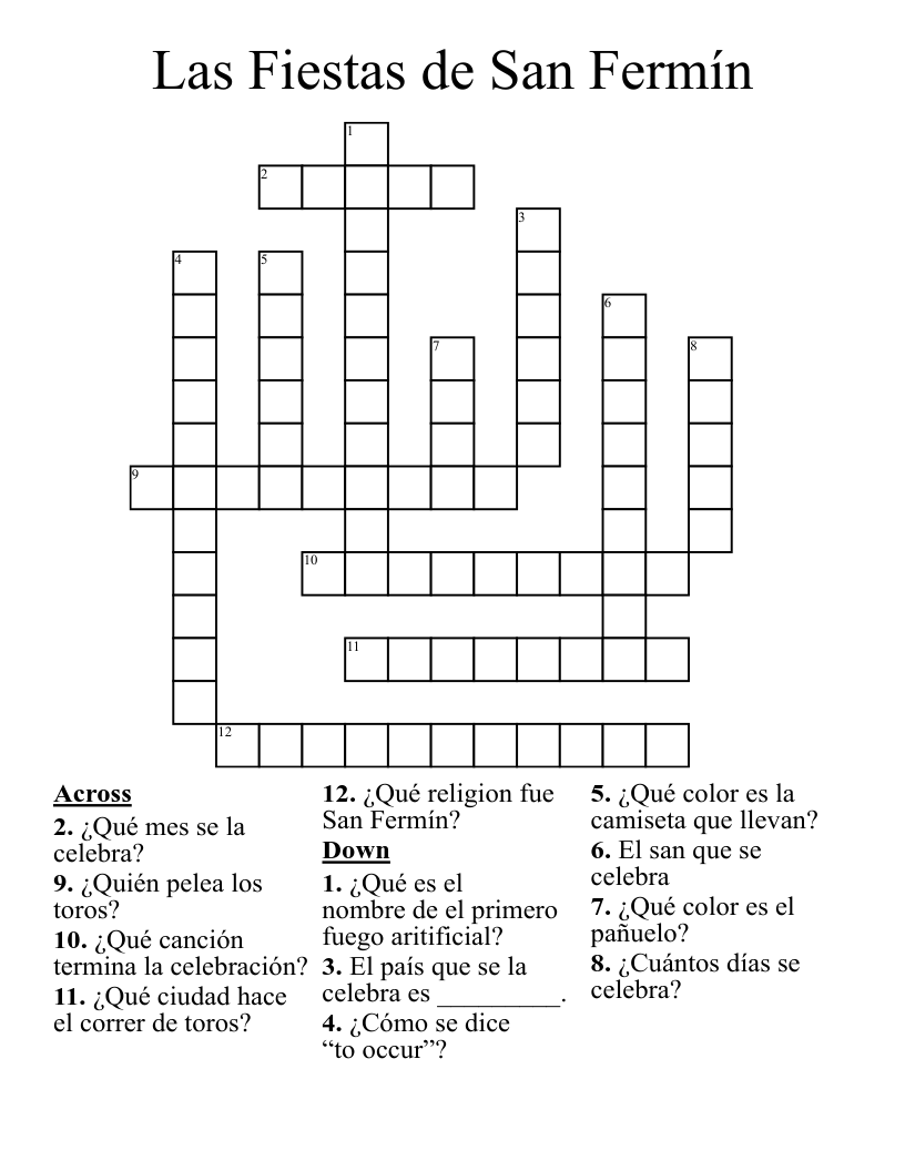 Las Fiestas de San Fermín Crossword