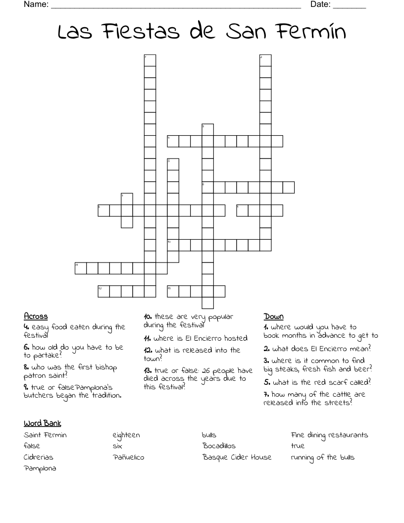 Las Fiestas de San Fermín  Crossword