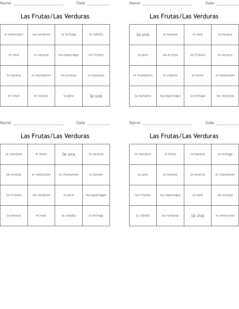 Las Frutas/Las Verduras Bingo Cards