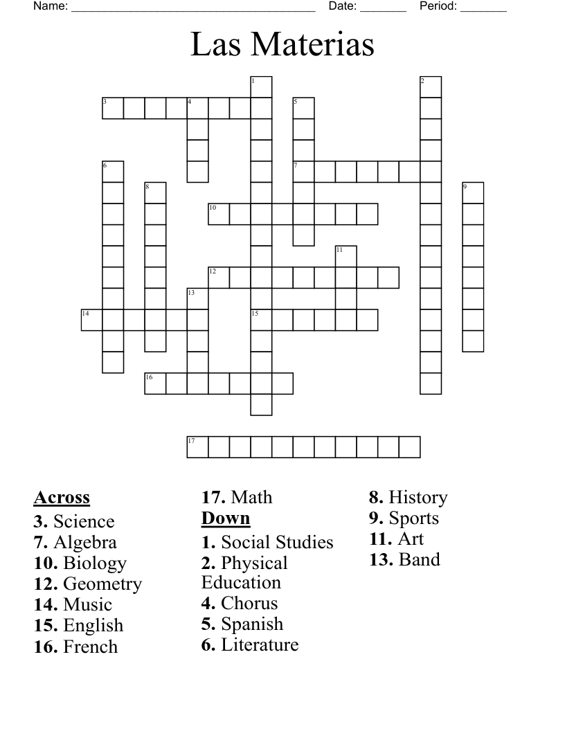 Las Materias Crossword