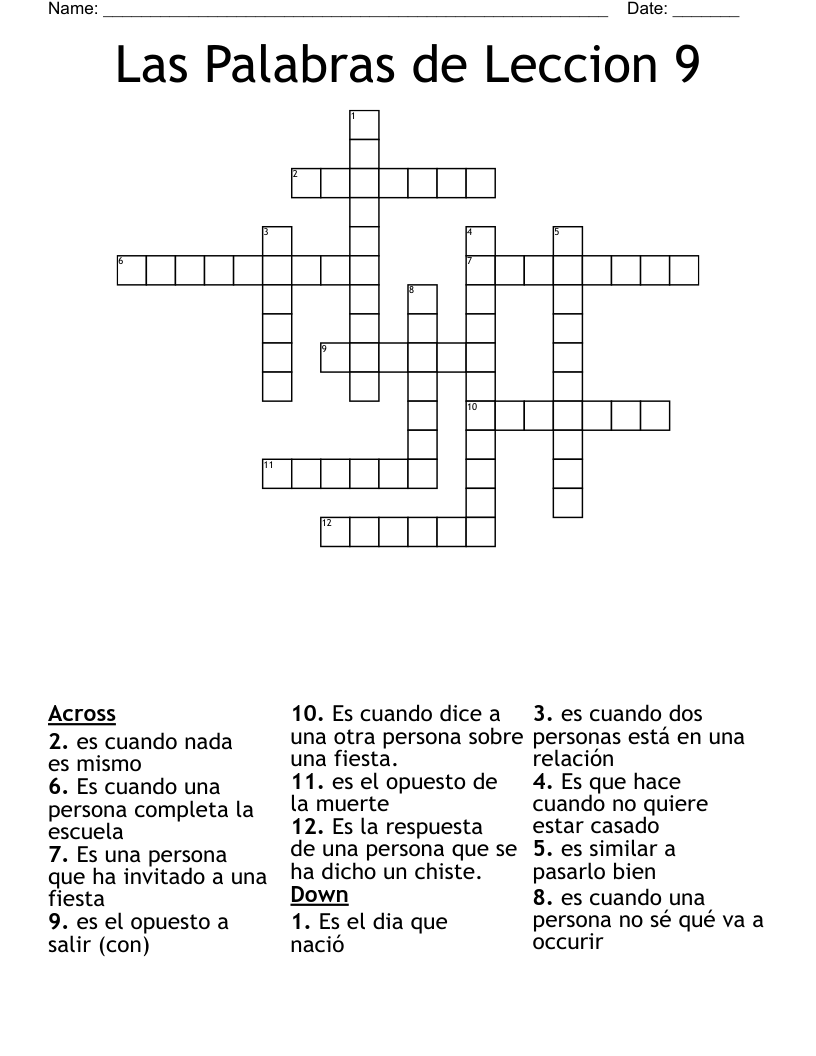 Las Palabras de Leccion 9 Crossword