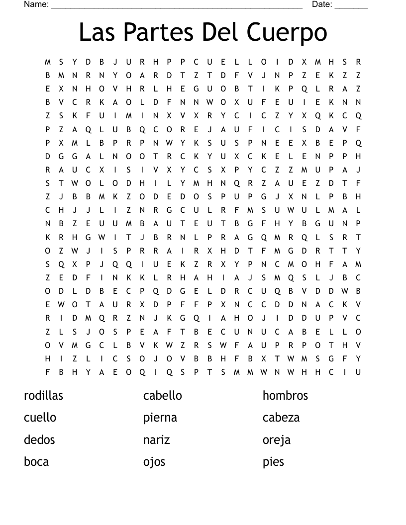 Las Partes Del Cuerpo Word Search