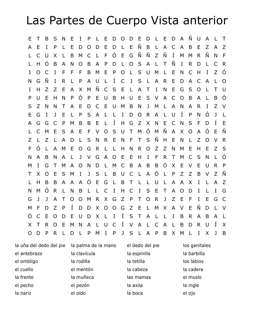 Las Partes de Cuerpo Vista anterior Word Search