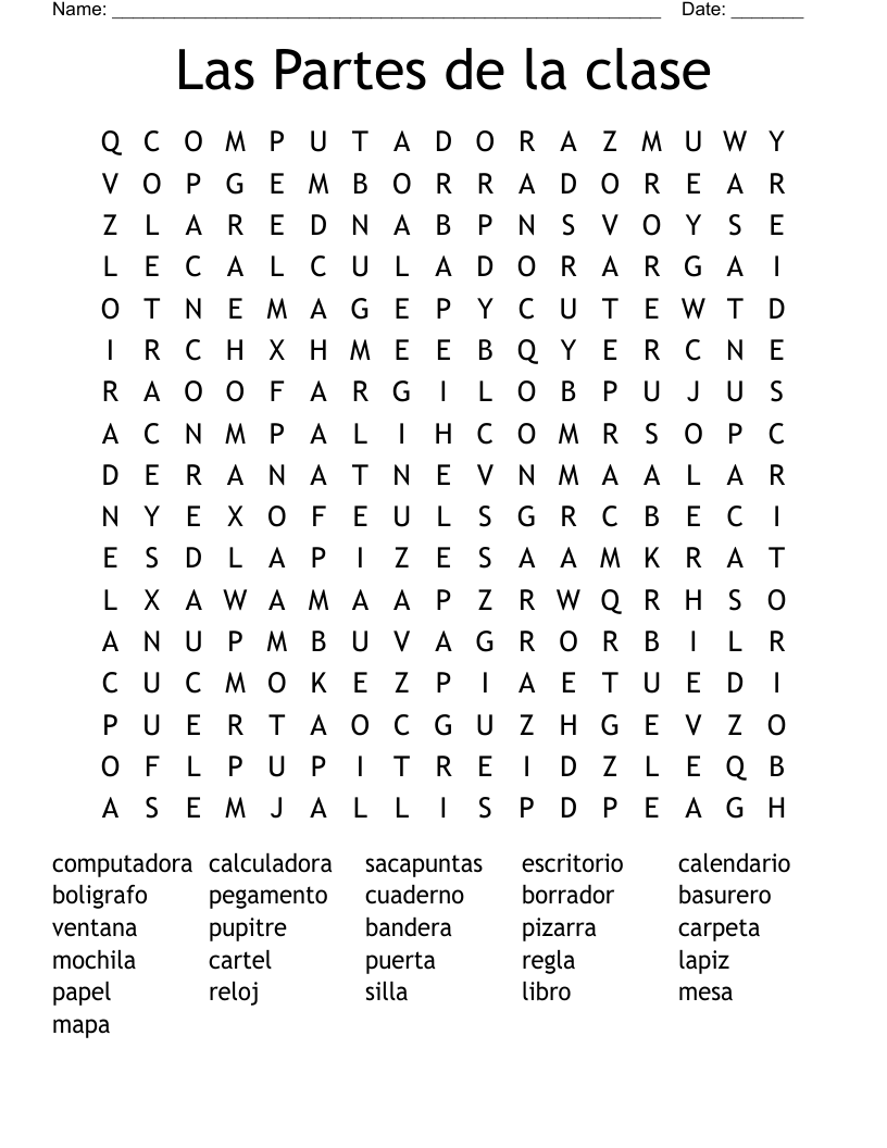 Las Partes de la clase Word Search