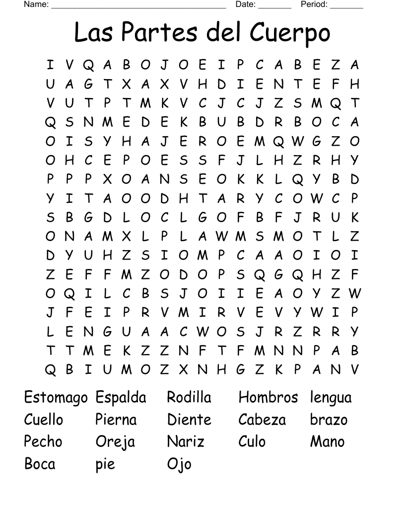 Las Partes del Cuerpo Word Search