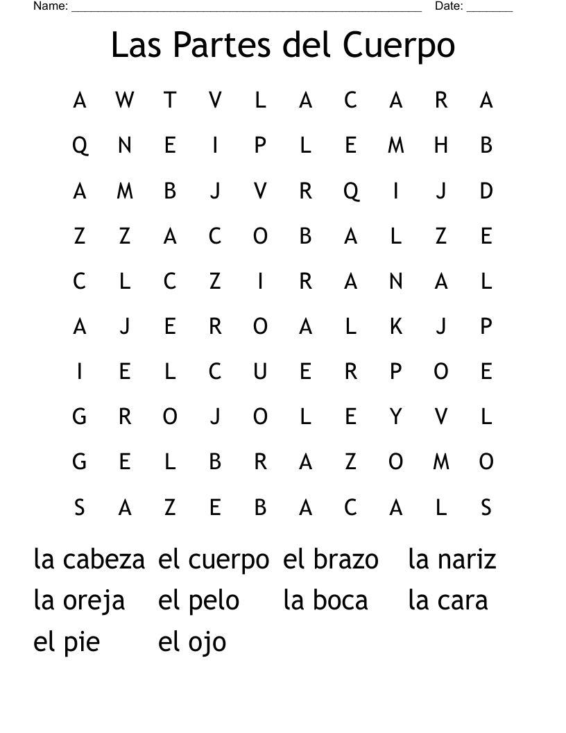 Las Partes del Cuerpo Word Search