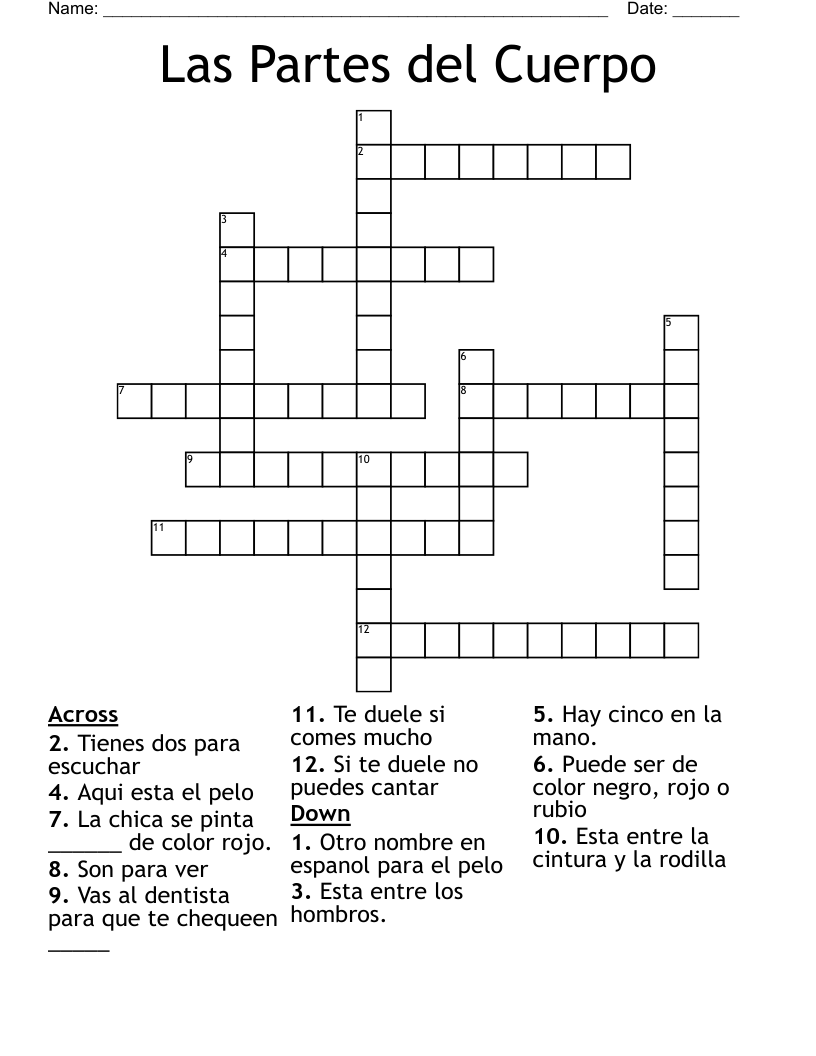 Las Partes del Cuerpo Crossword