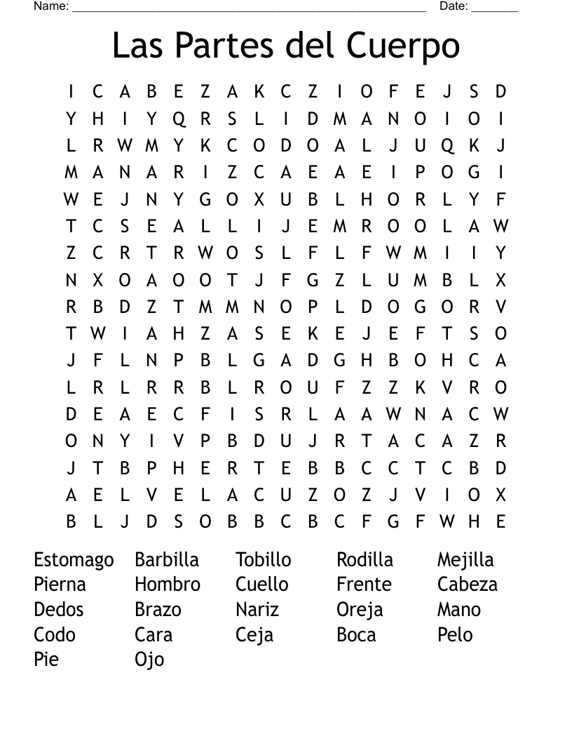 Las Partes del Cuerpo Word Search