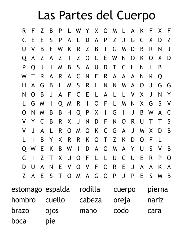 Las Partes del Cuerpo Word Search