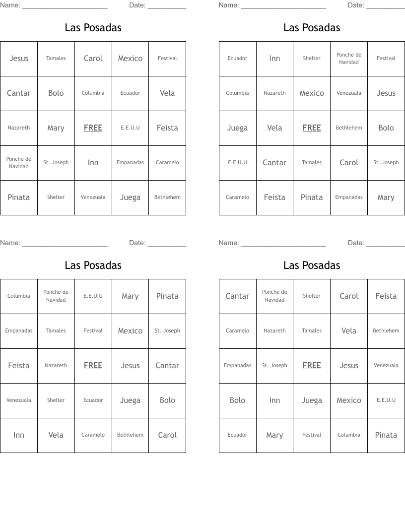 Las Posadas Bingo Cards