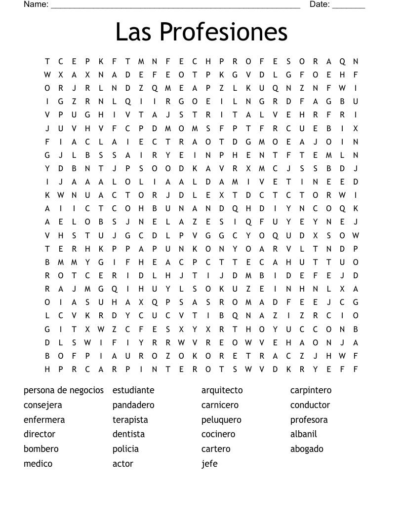 Las Profesiones Word Search