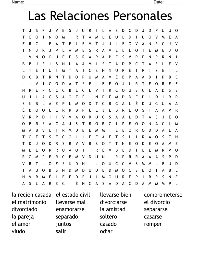 Las Relaciones Personales Word Search