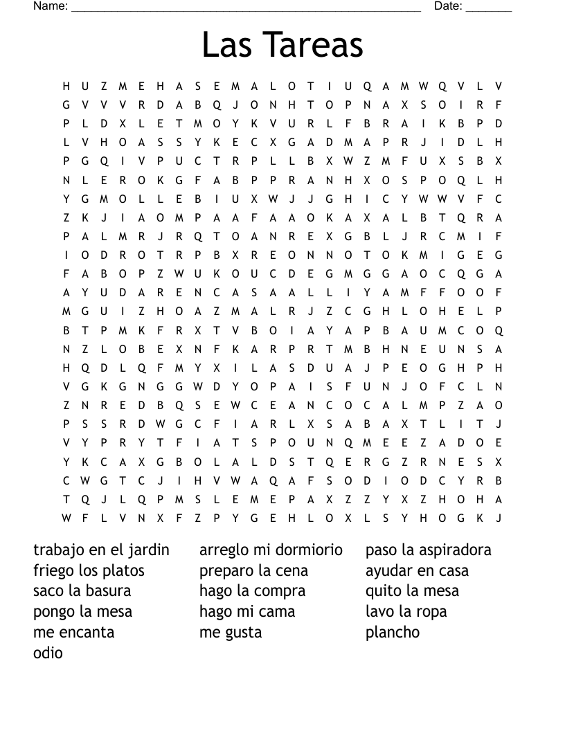 Las Tareas Word Search