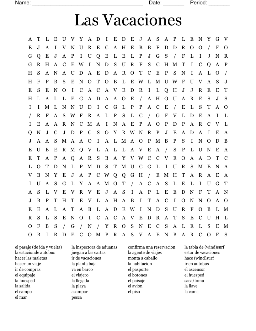 Las Vacaciones Word Search
