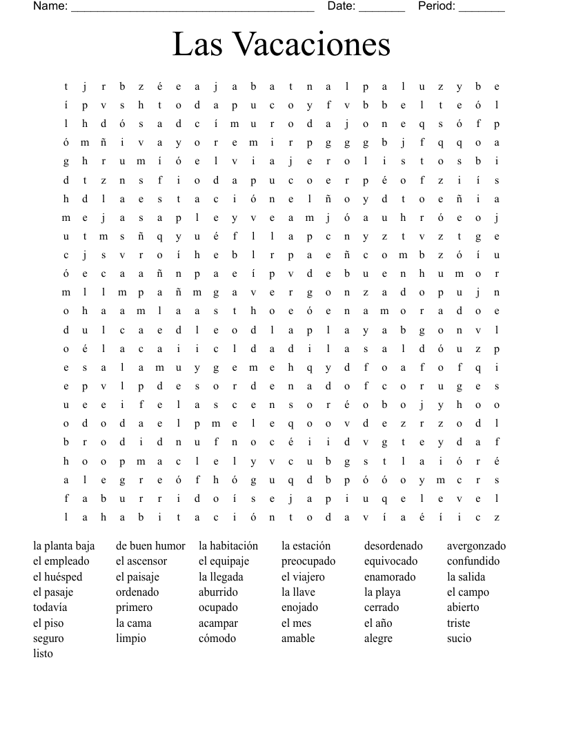 Las Vacaciones Word Search