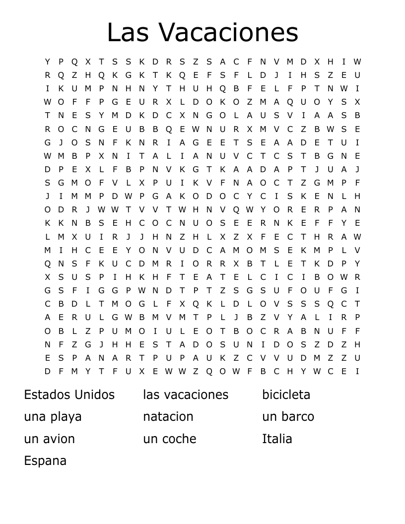 Las Vacaciones Word Search