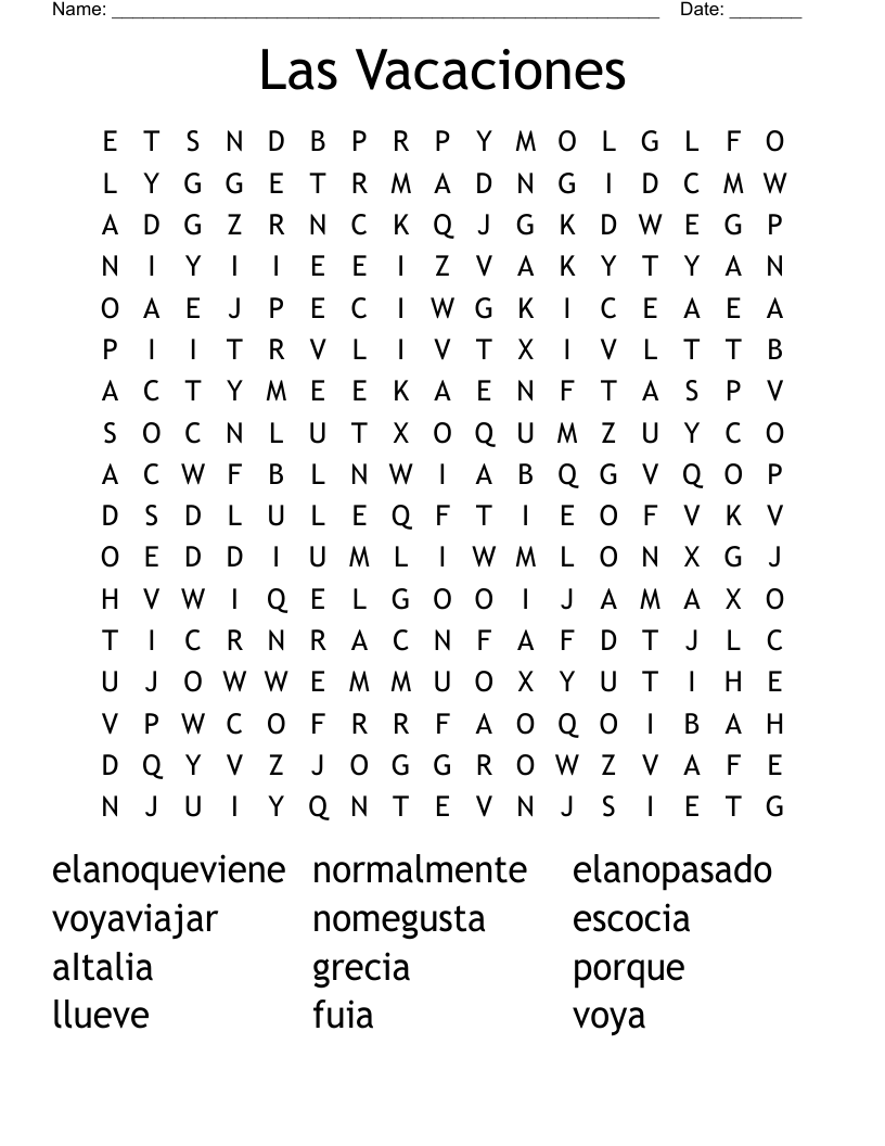 Las Vacaciones Word Search