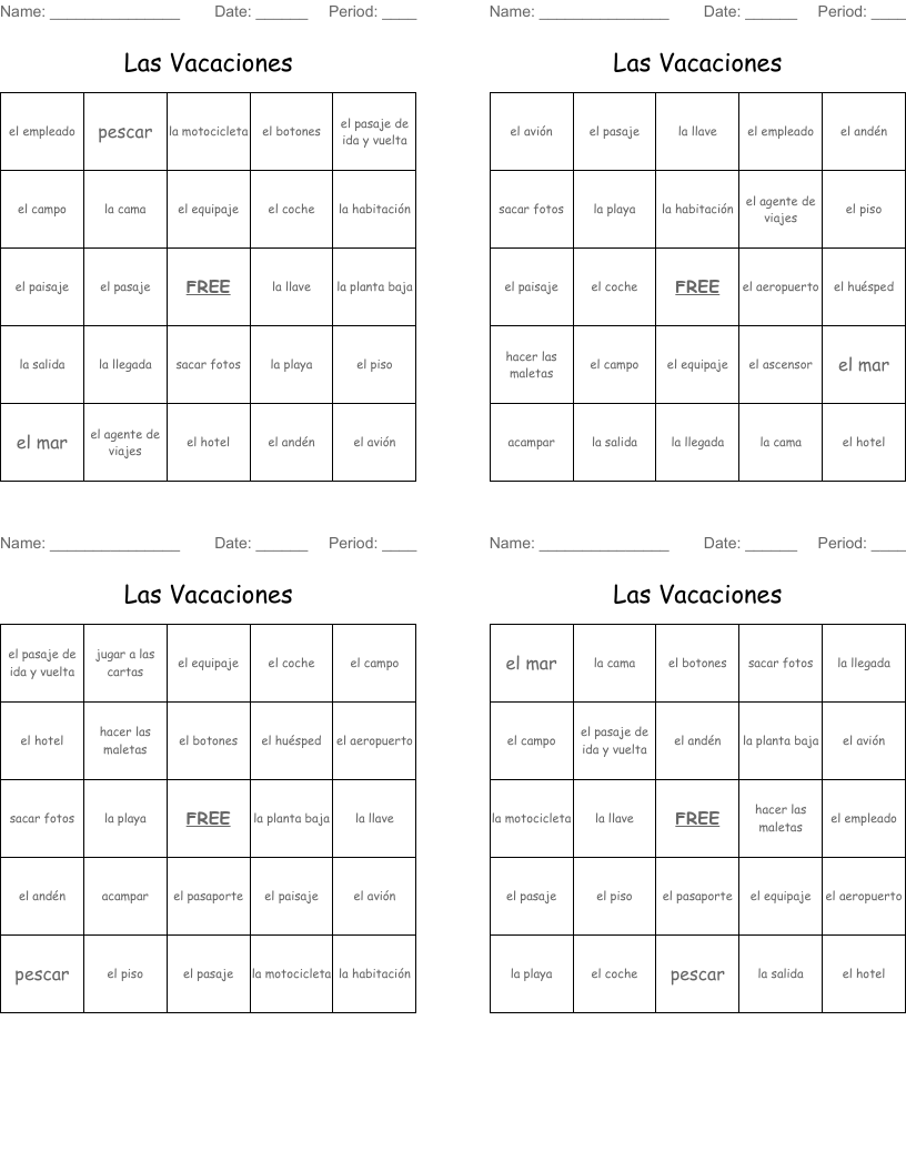 Las Vacaciones Bingo Cards