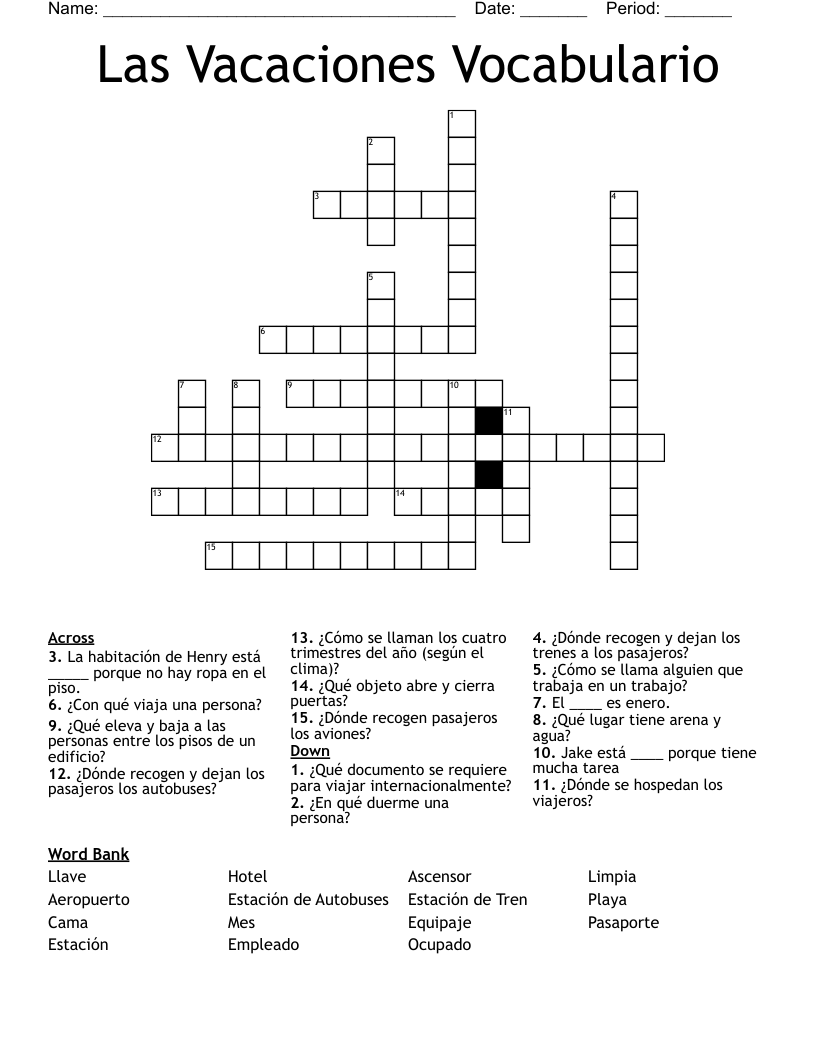 Las Vacaciones Vocabulario Crossword