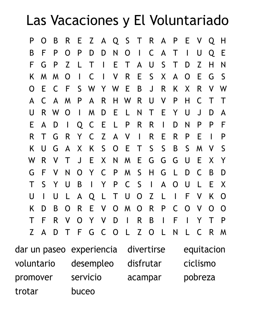 Las Vacaciones y El Voluntariado Word Search