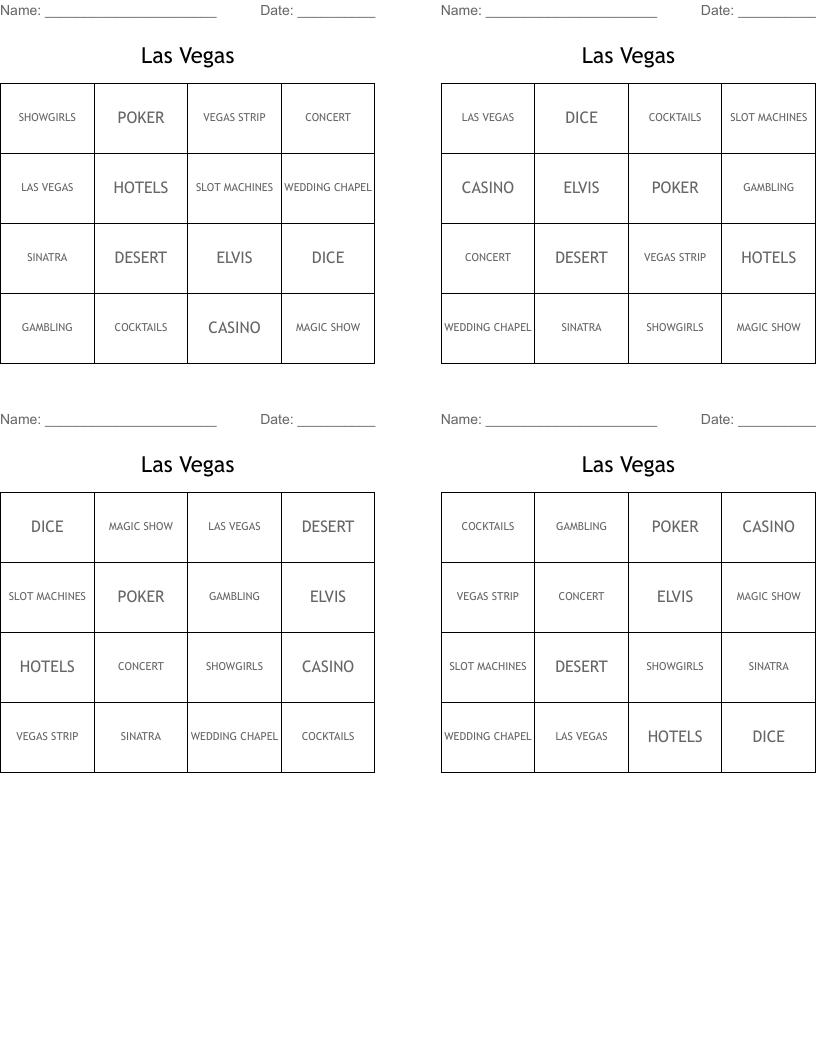 Las Vegas Bingo Cards