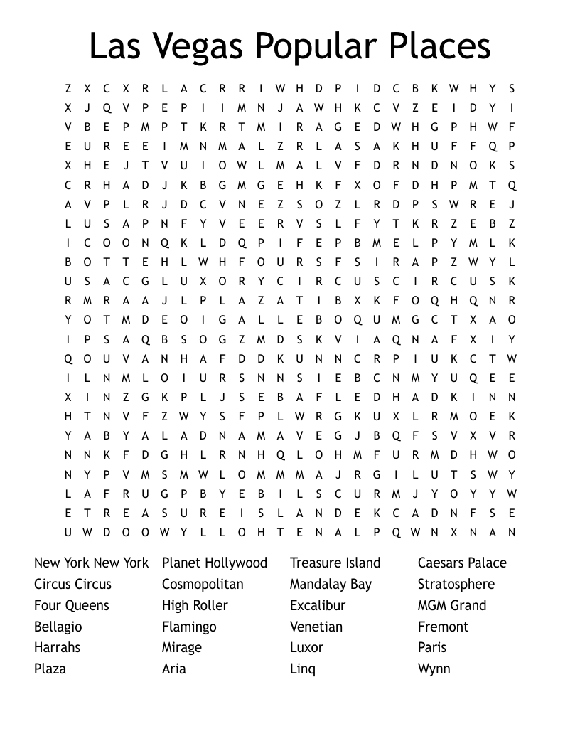 Las Vegas Popular Places Word Search