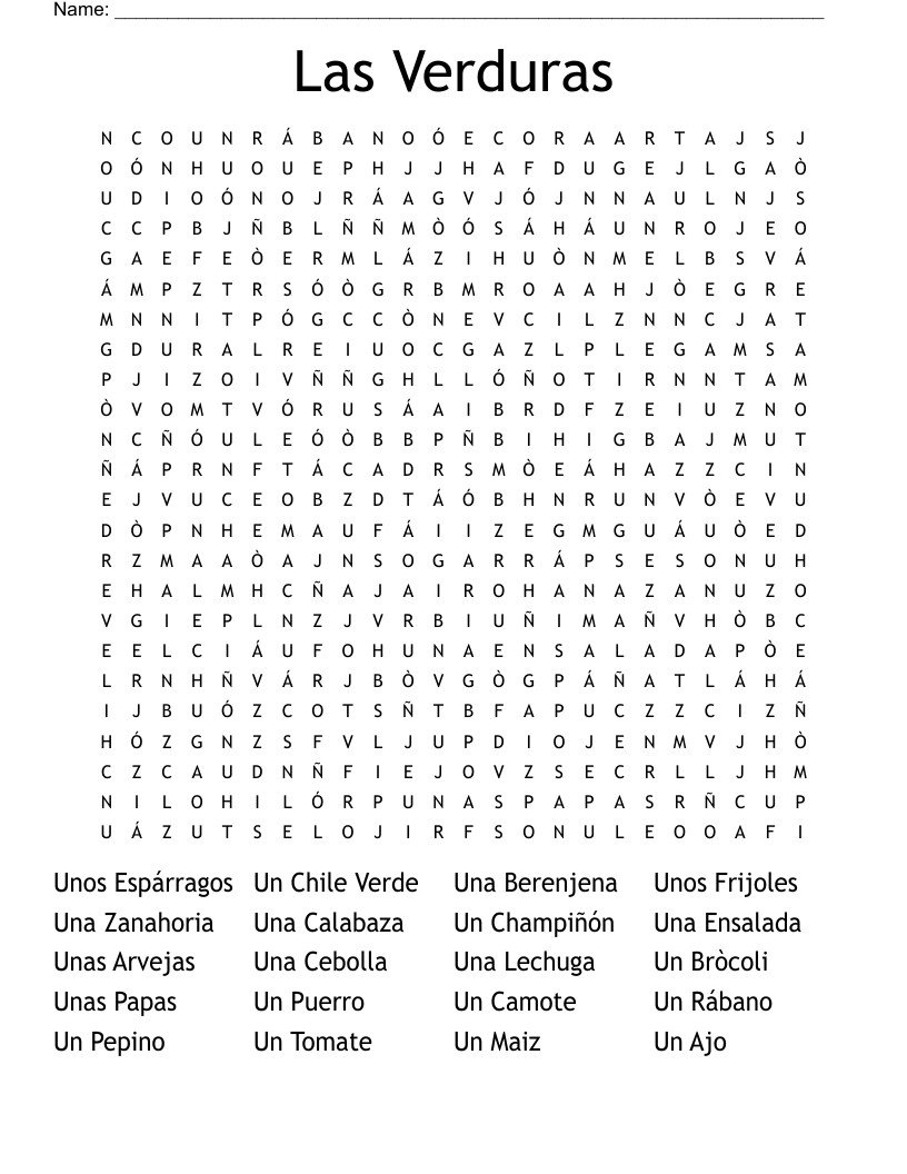 Las Verduras Word Search
