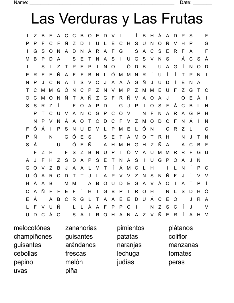 Las Verduras y Las Frutas Word Search