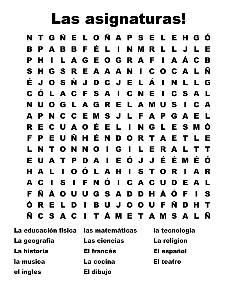 Las asignaturas! Word Search