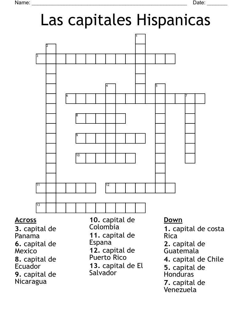 Las capitales Hispanicas Crossword