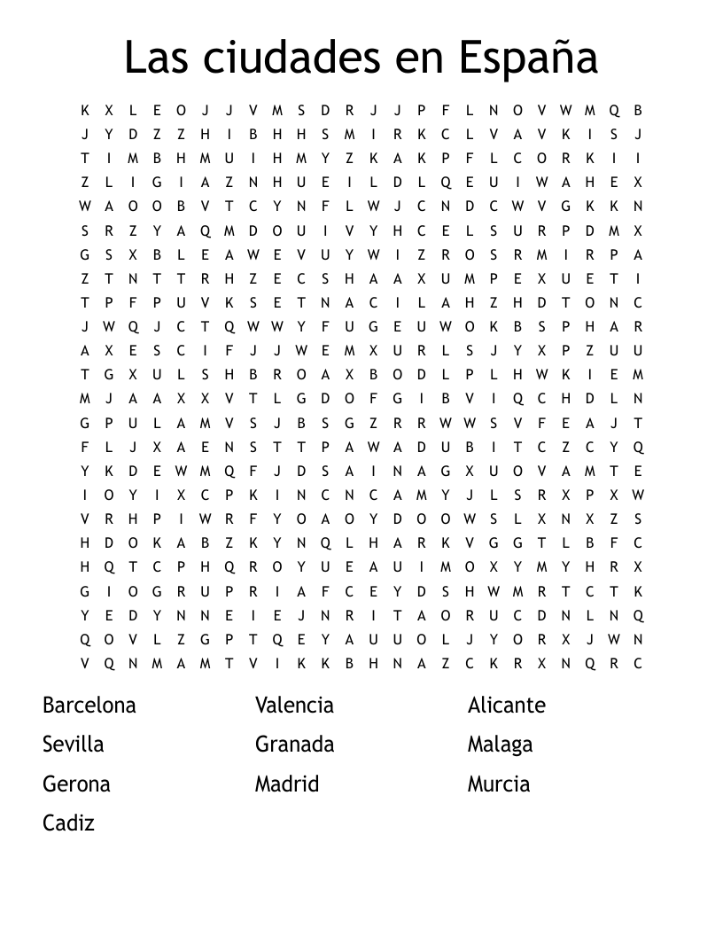 Las ciudades en España Word Search